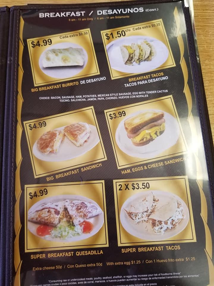 Menu at Tacos Mexico restaurant, Diboll