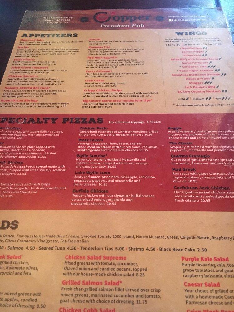 Menu at Copper Premium Pub, Lake Wylie