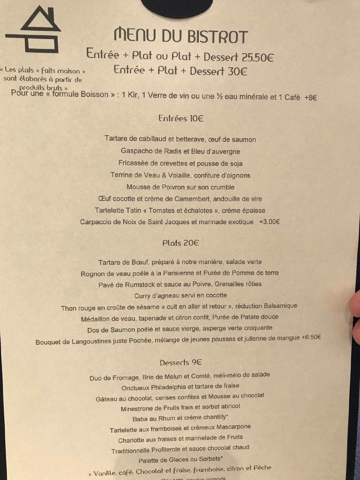 Menu au Bistrot de Charenton restaurant, CharentonlePont