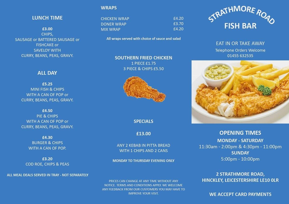 Menu at Strathmore Road Fish Bar, Hinckley