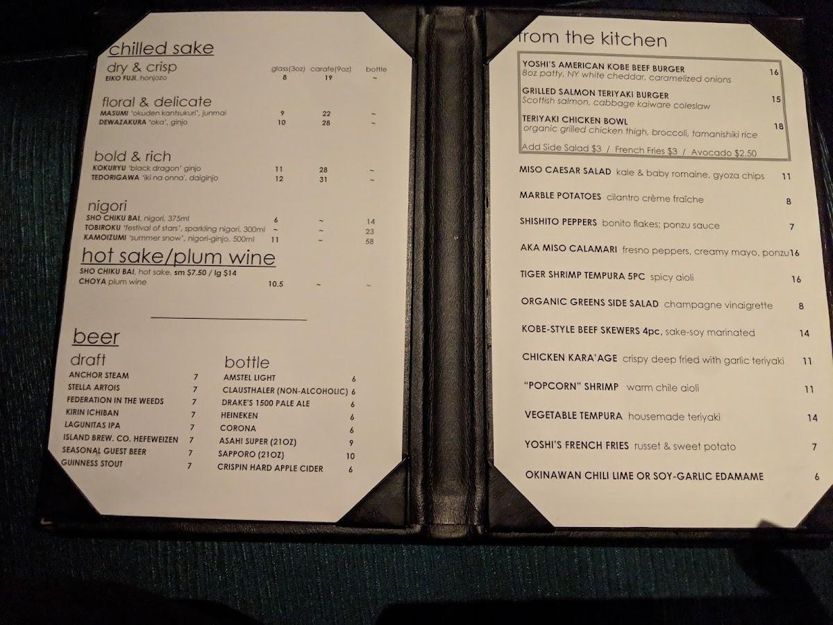 Menu at Yoshi's restaurant, Oakland