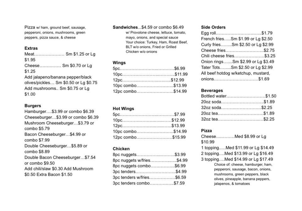 Menu at Steve's Pizza & Hot Subs pizzeria, Carthage