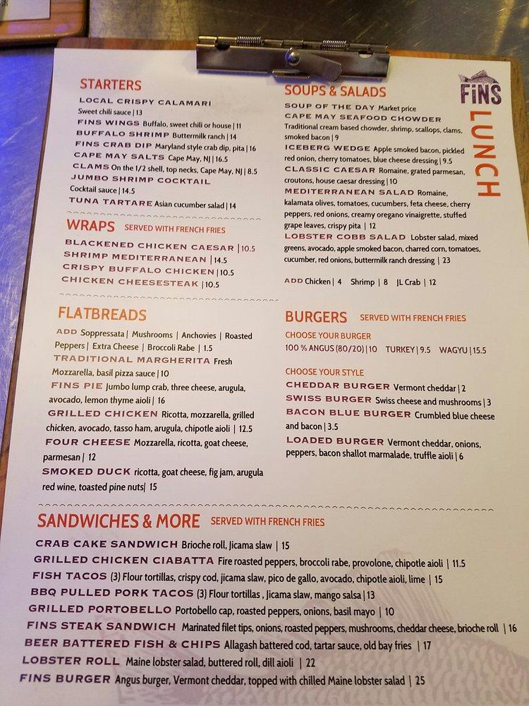 Menu at Fins Bar & Grille, Cape May, 142 Decatur St