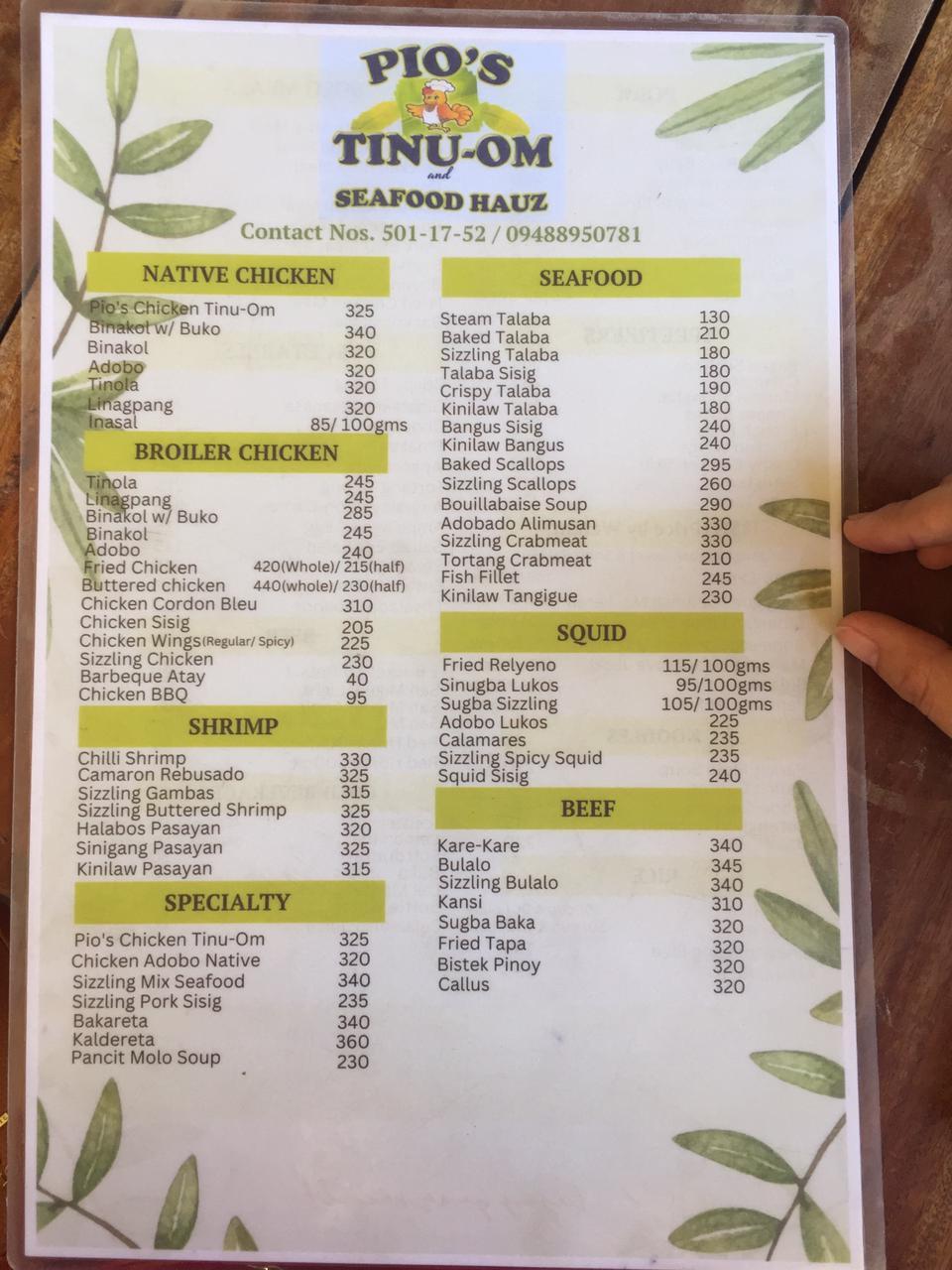 Menu at Pio's tinuom and seafoods hauz restaurant, Iloilo City