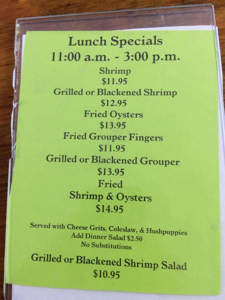 Menu at Posey's Up the Creek Steam Room restaurant, Panacea