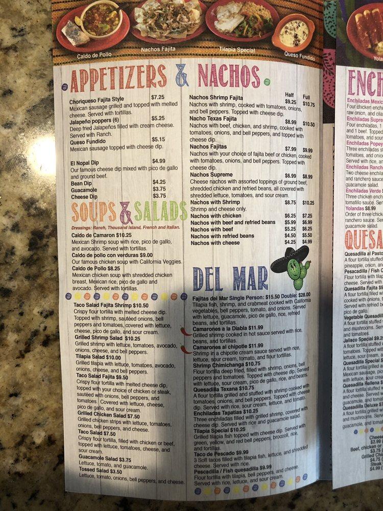 Carta del restaurante El Nopal, Valley Park