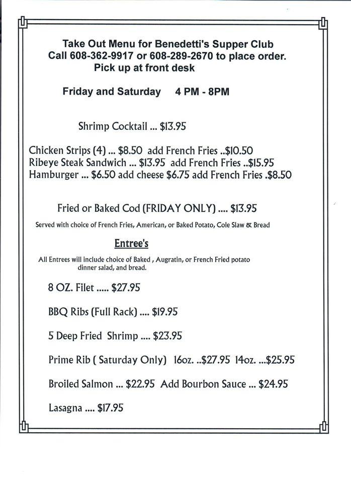 Menu at Benedetti's Supper Club, Beloit