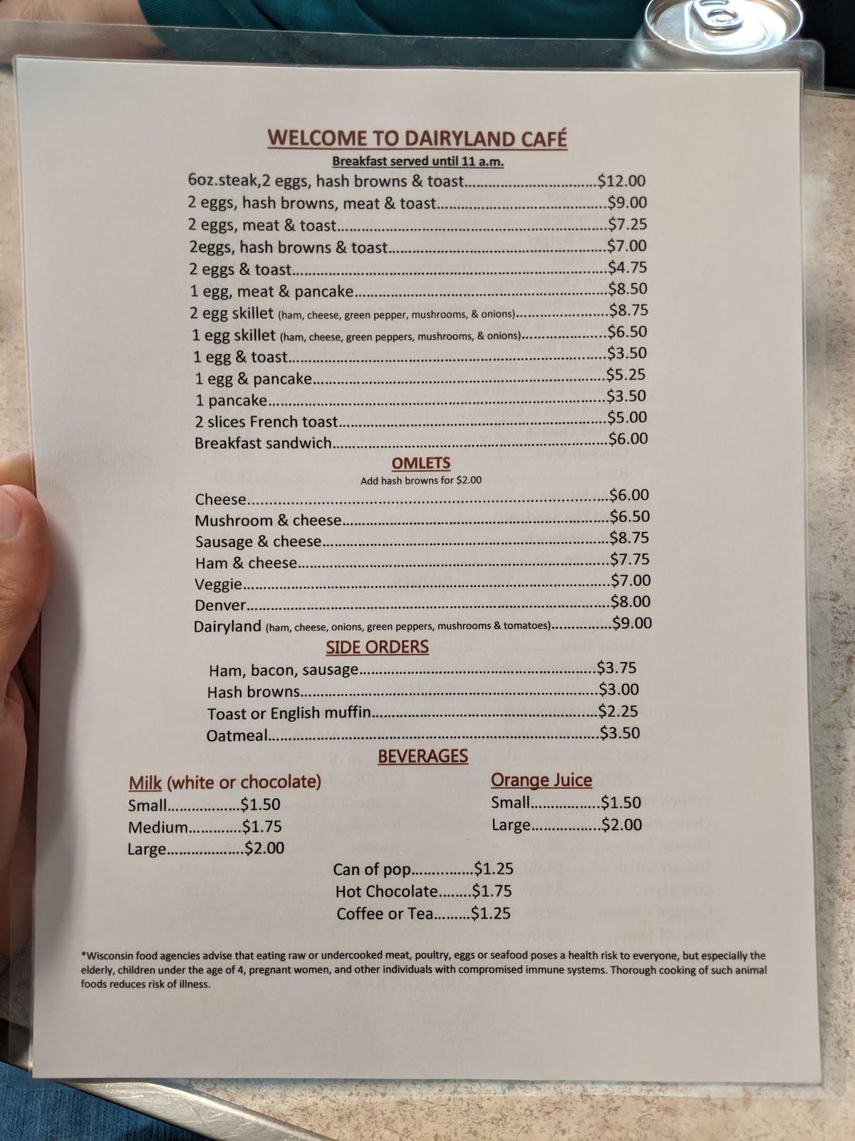 Menu at Dairyland Cafe, Ridgeland