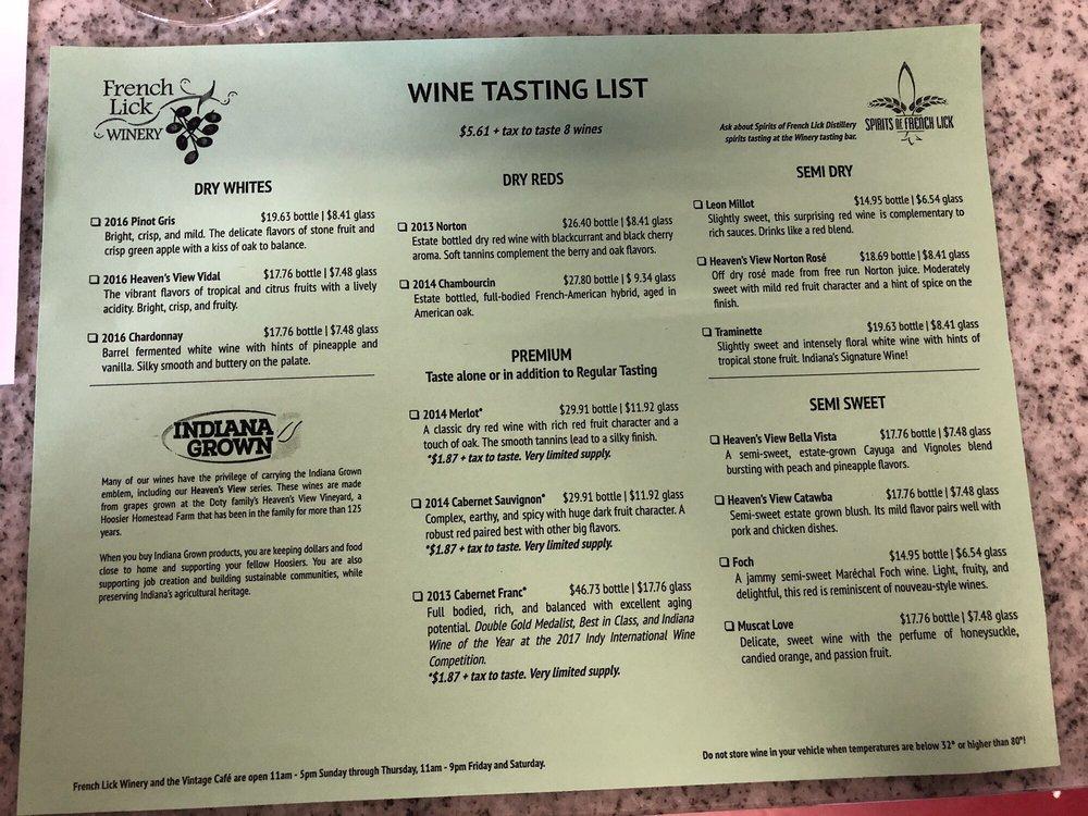 Menu at French Lick Winery restaurant, West Baden Springs