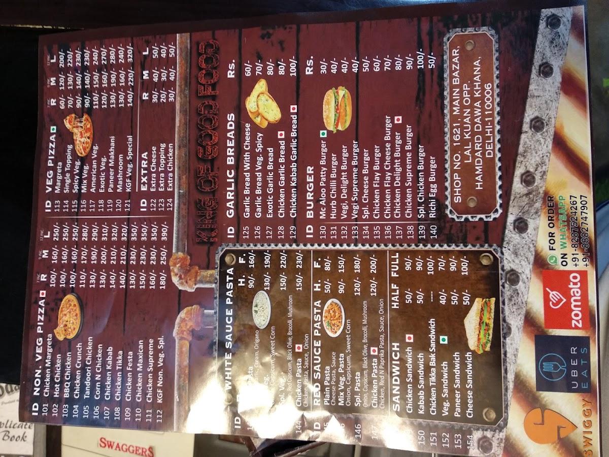 Menu at KGF Fast Food Chain, Delhi