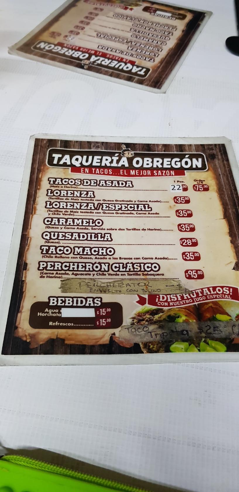 Carta Del Restaurante Taqueria Obregon Chihuahua Montes Americanos