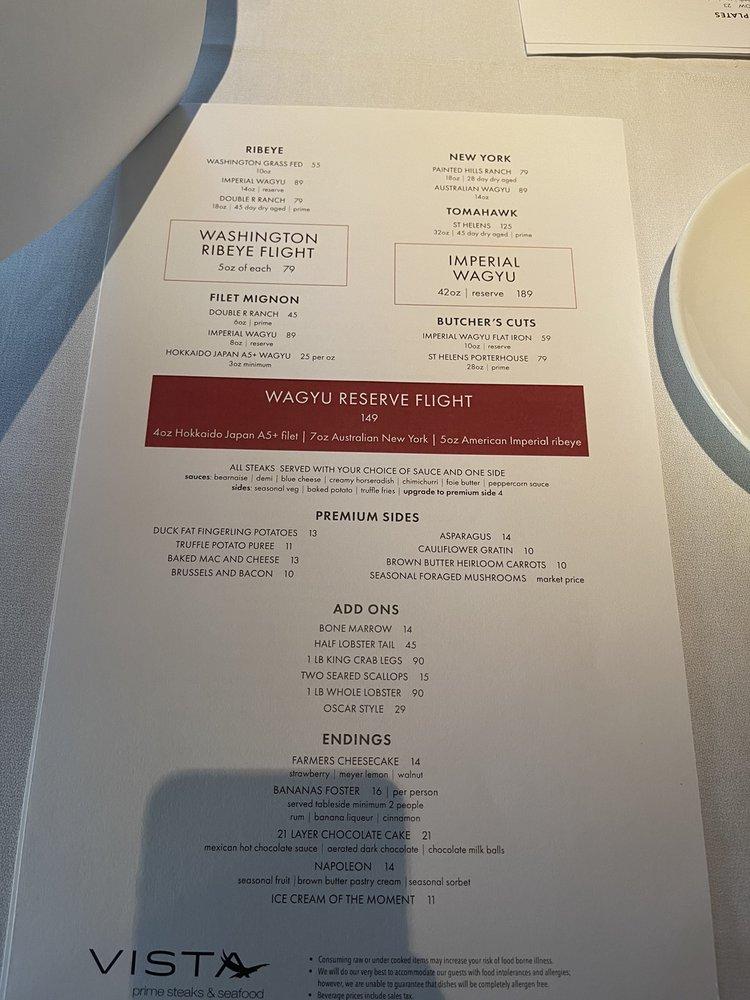 Menu at Vista Prime Steaks & Seafood steakhouse, Snoqualmie