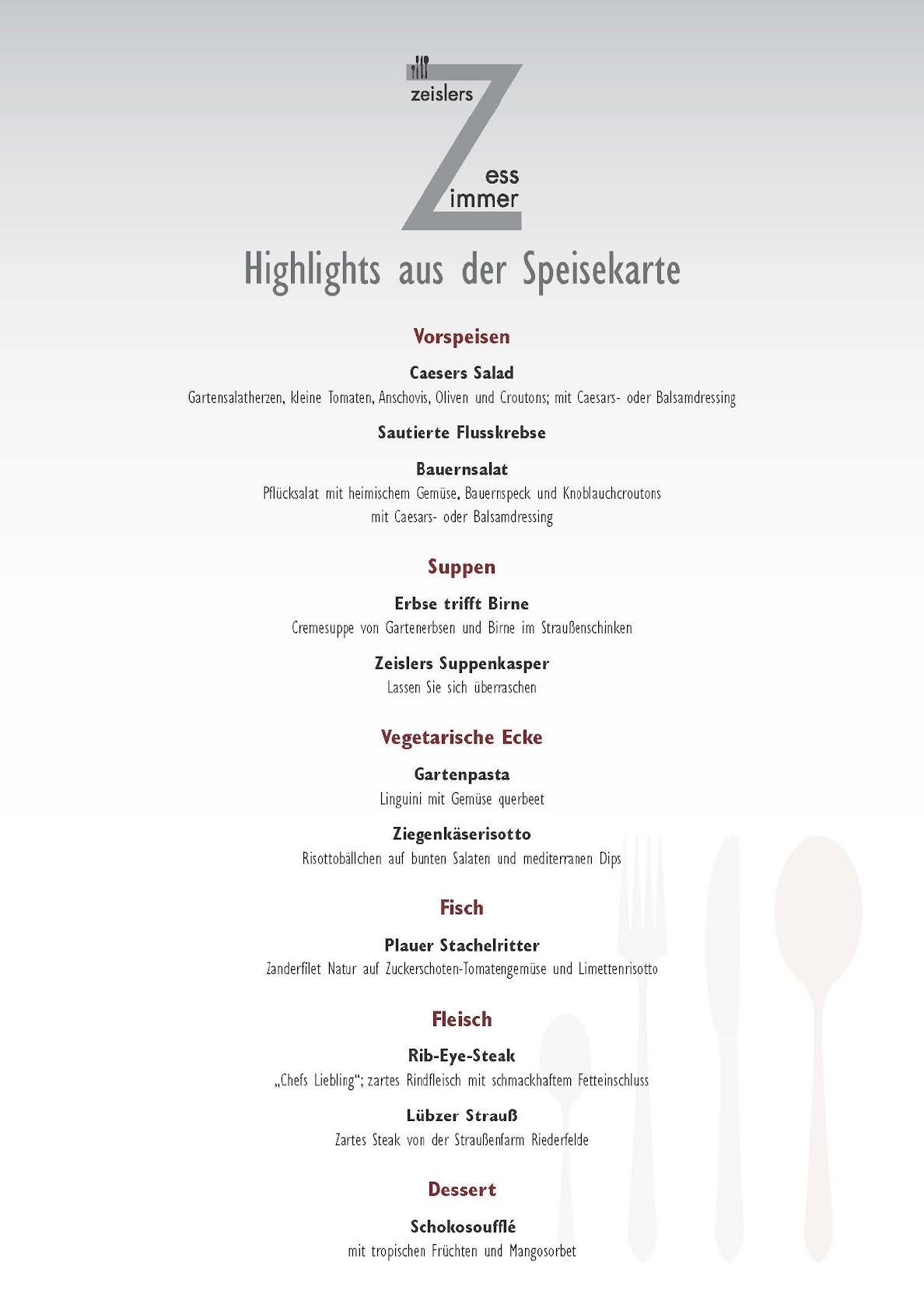 Speisekarte von Zeislers Esszimmer restaurant, Plau am See