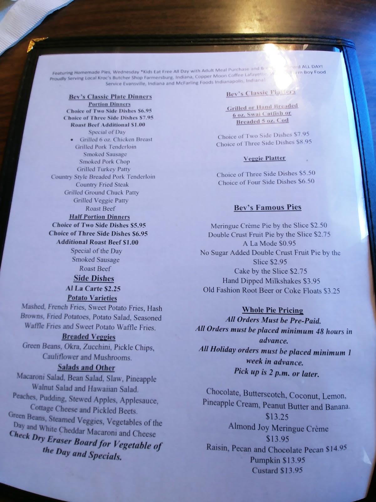 Menu at Bev's Restaurant, Terre Haute