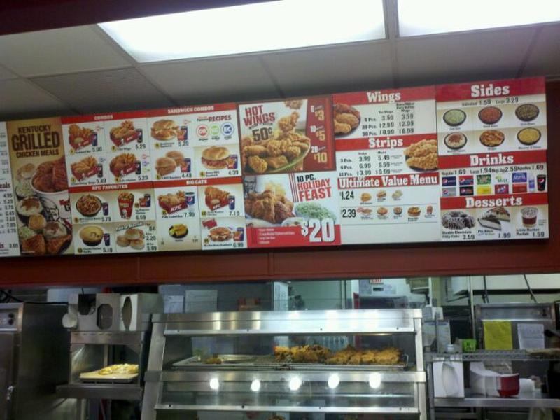 Menu at KFC fast food, Bridgeview, S Harlem Ave