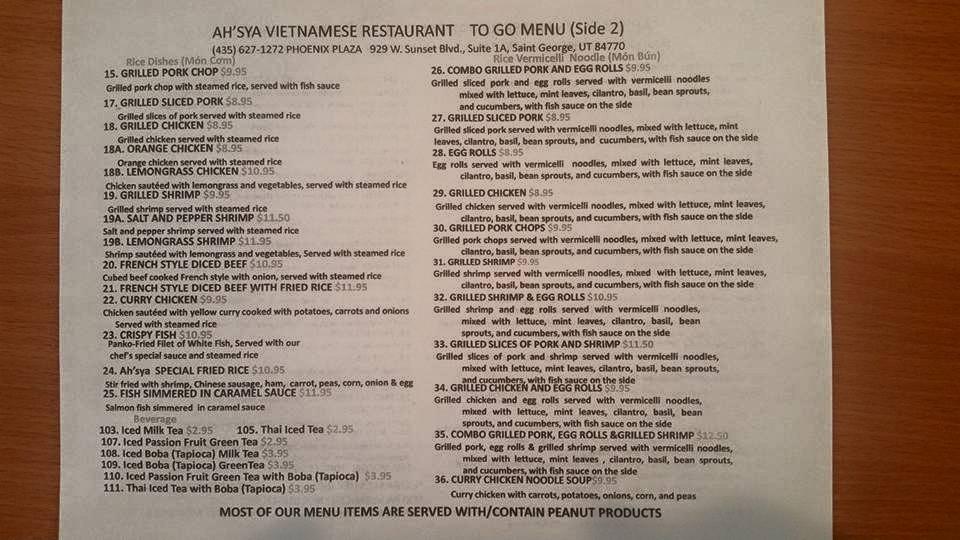 Menu at Ah'sya Vietnamese Restaurant, St. George, 929 W Sunset Blvd #1A