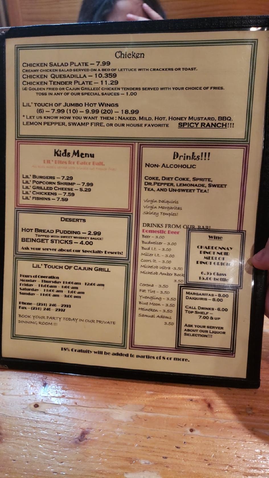 Menu at Lil' Touch Of Cajun Grill pub & bar, Jackson, 207 S Kimball Ave