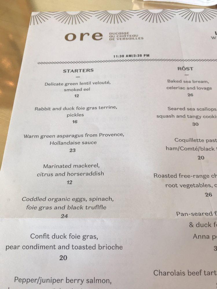 Menu au Ore Ducasse au château de Versailles restaurant, Versailles