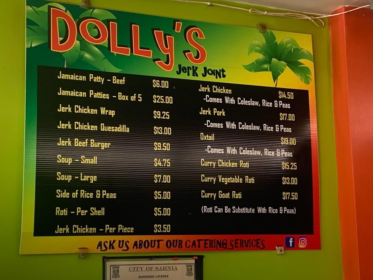 Menu at Dolly's Jerk Joint restaurant, Sarnia, 539 Christina St N