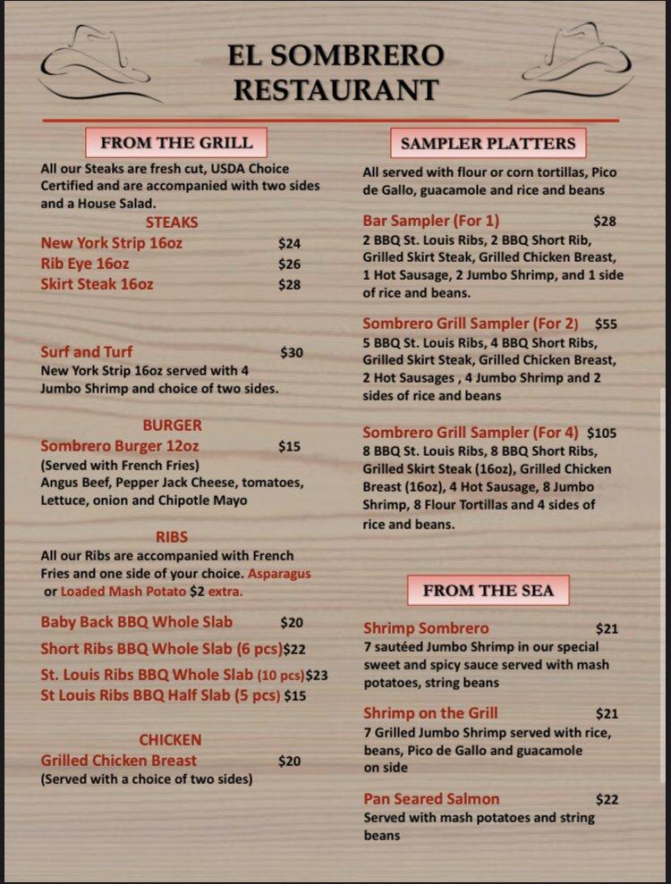 Menu at El Sombrero Restaurant Tex Mex Bar & Grill, Rock Hill
