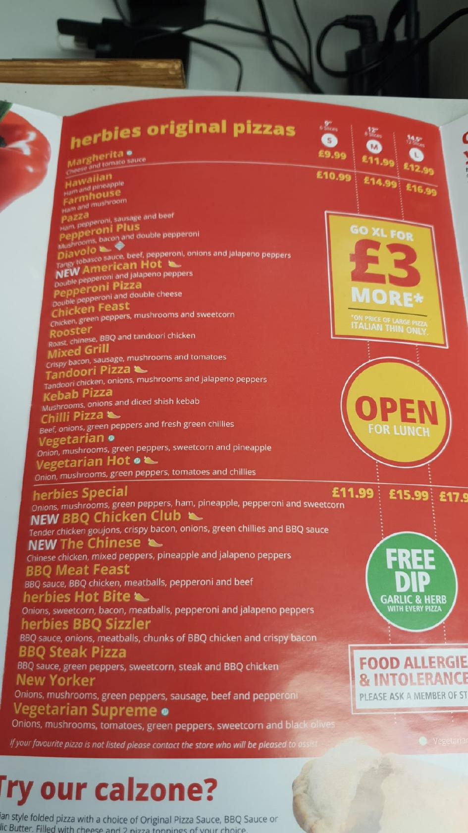 Menu at Herbies Pizza fast food, Bagshot