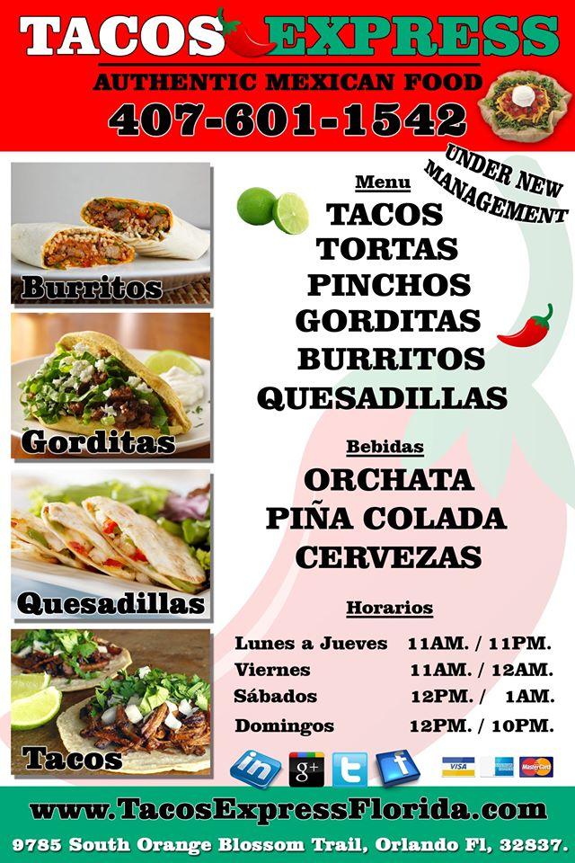 Menu at Tacos Express Authentic Mexican Food restaurant, Orlando