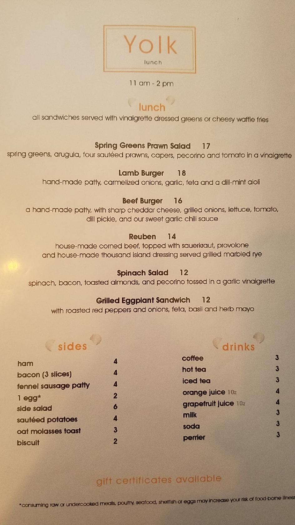 Menu at Yolk restaurant, Manzanita