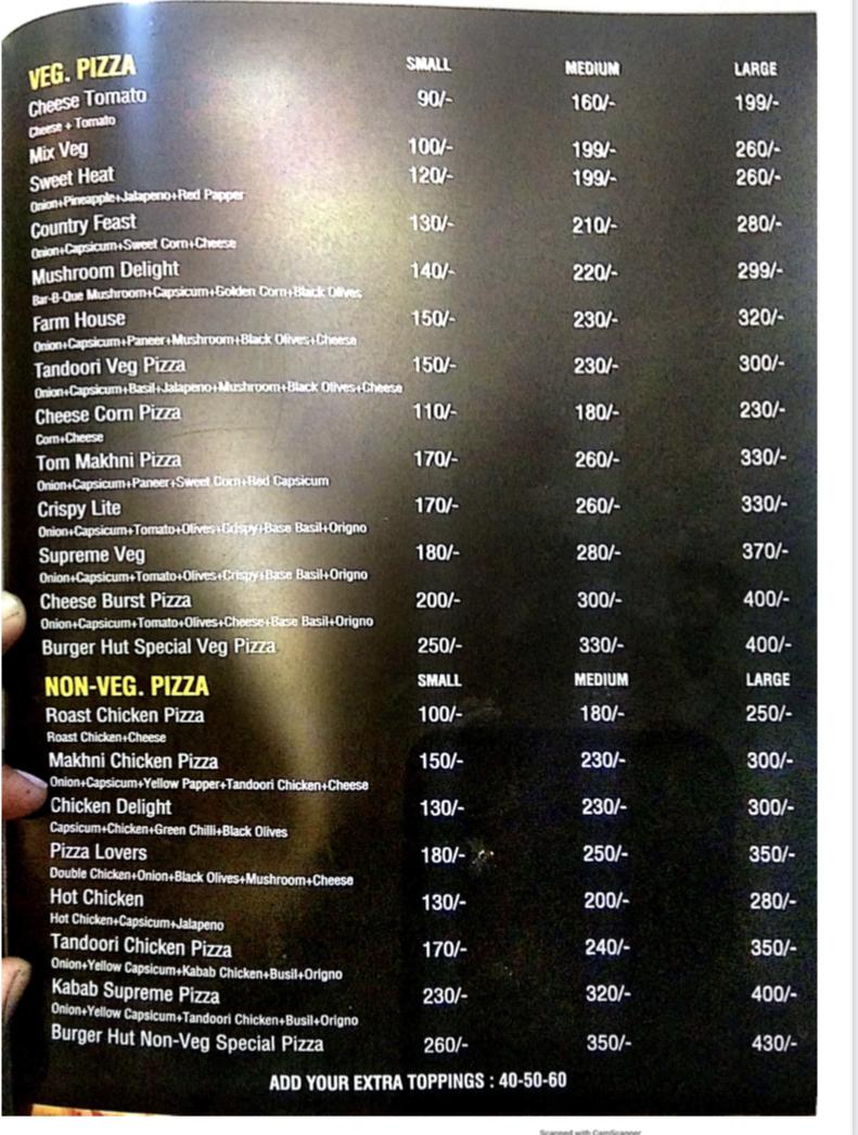 Burger Hut menu