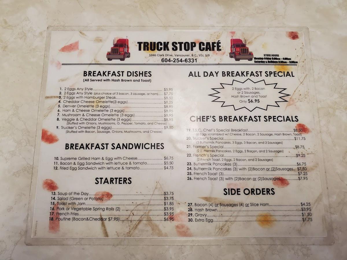 Menu at Truck Stop Cafe, Vancouver