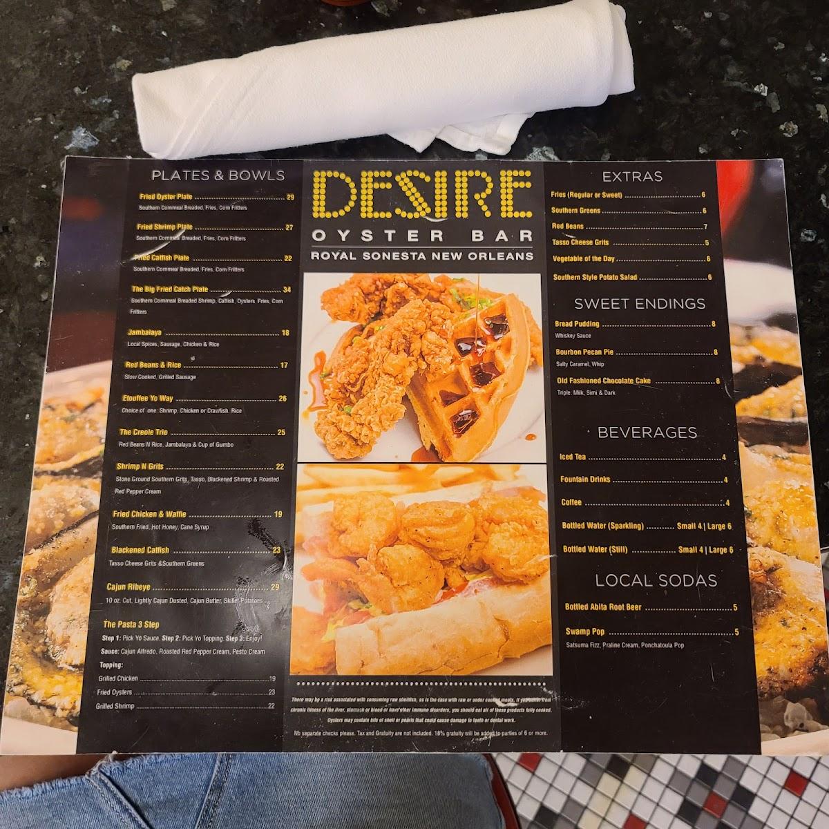 Menu at Desire Oyster Bar, New Orleans
