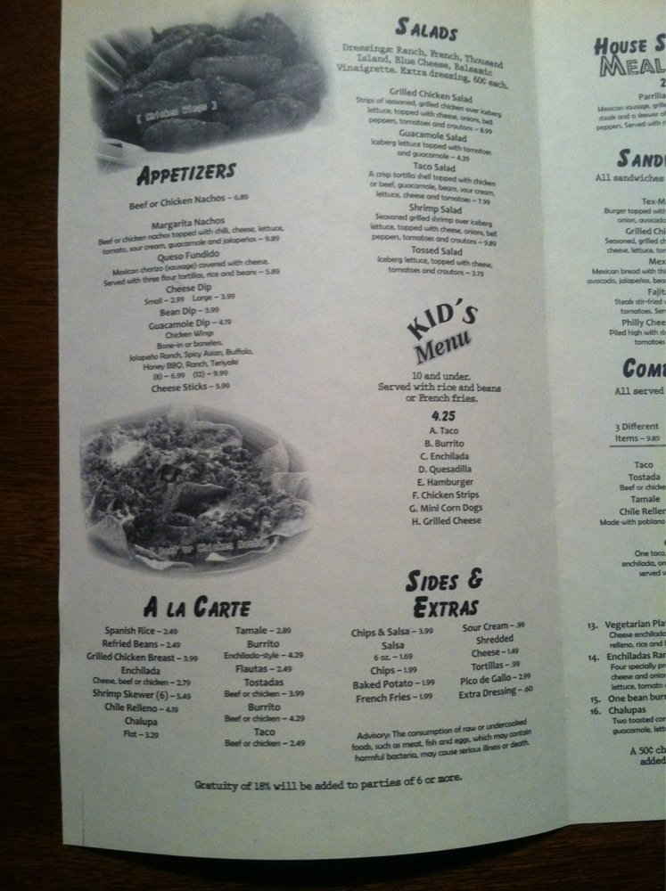 Menu at Margaritas Tex Mex restaurant, Moultrie