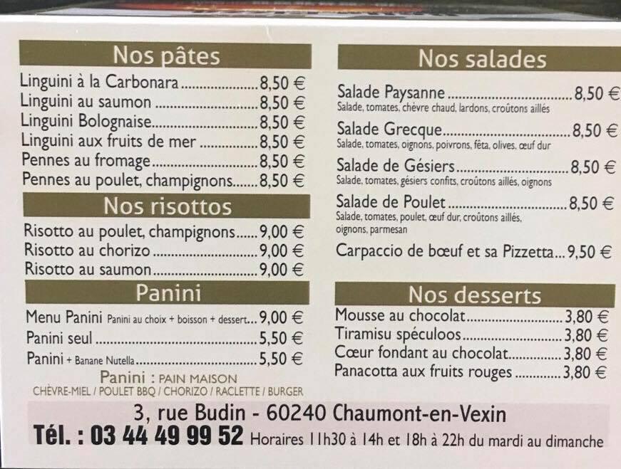 Menu au Bella Pizza pizzeria, ChaumontenVexin