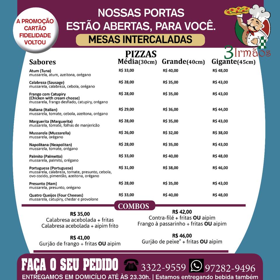 Pizzaria e Bar 3 Irmãos cardápio
