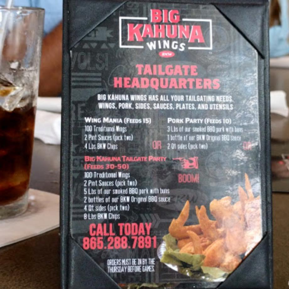 Menu at Big Kahuna Wings Farragut restaurant, Knoxville