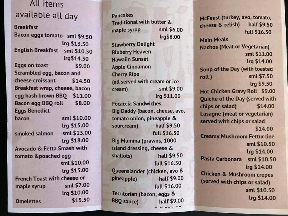 Menu at Elly's Coffee Lounge cafe, Armidale, 100 Jessie St