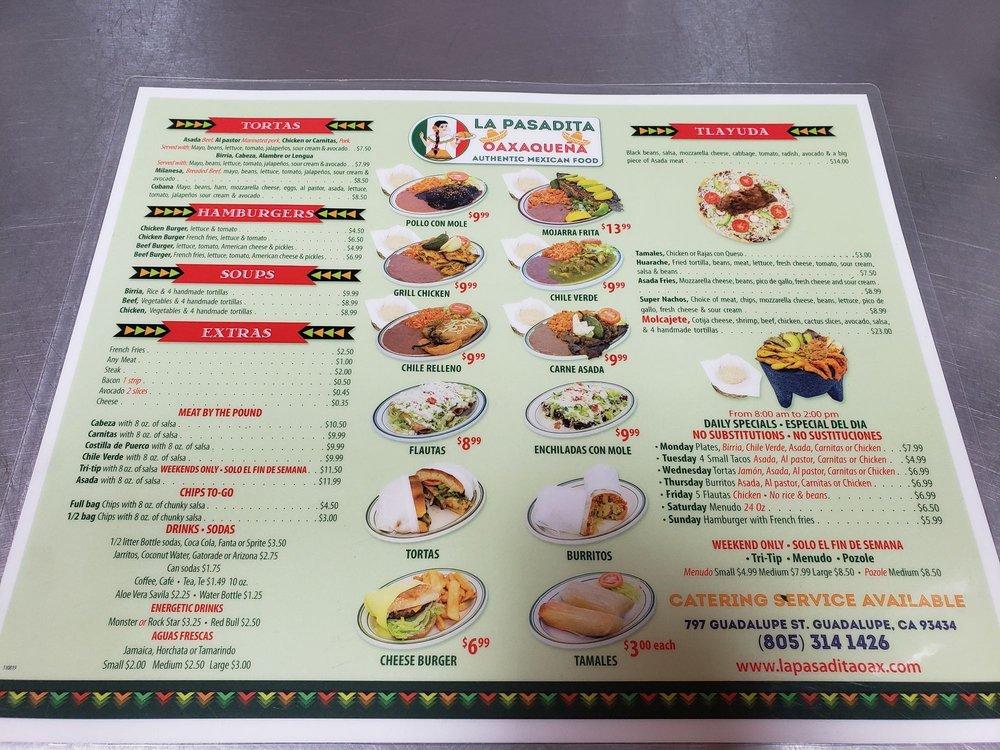 Menu at La Pasadita Oaxaqueña restaurant, Guadalupe
