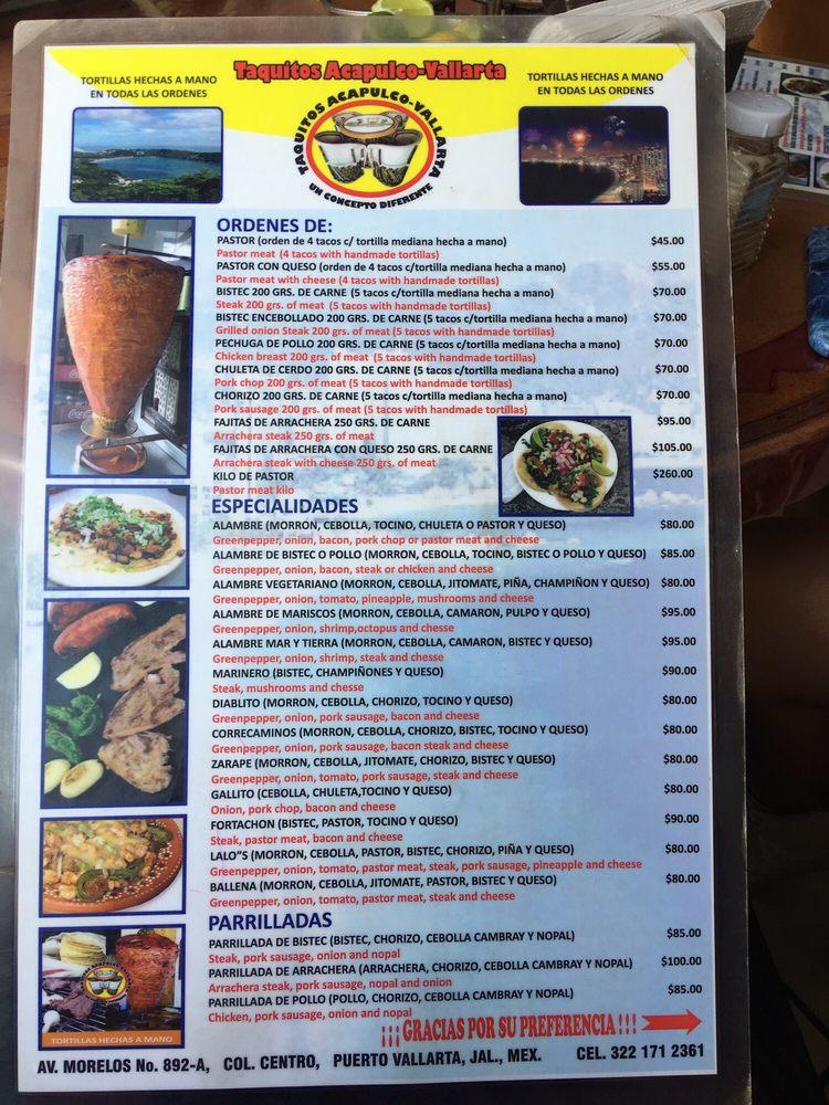 Menu at Taquitos AcapulcoVallarta restaurant, Puerto Vallarta, Morelos
