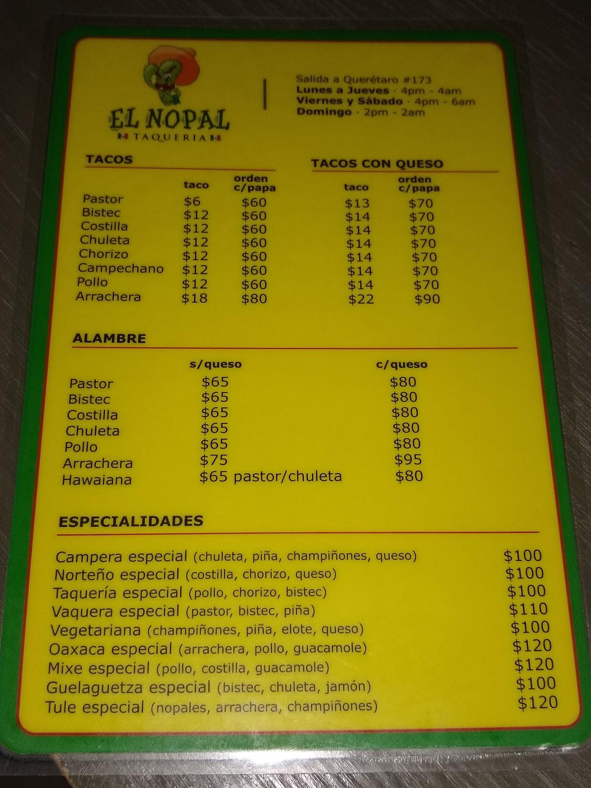 Menu at Taquería El Nopal restaurant, San Miguel de Allende, Salida