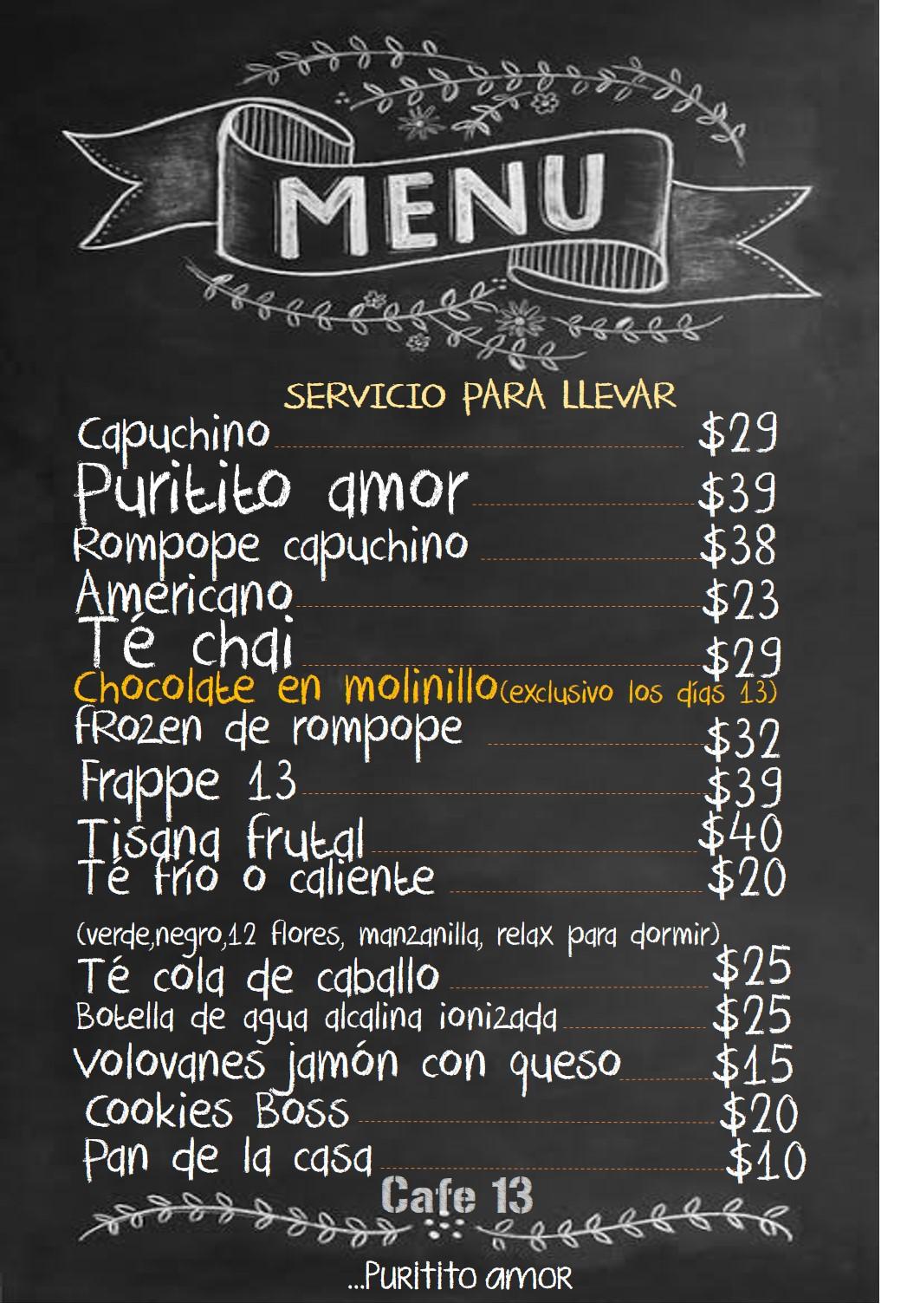 Menu at Café 13, Ciudad del Carmen