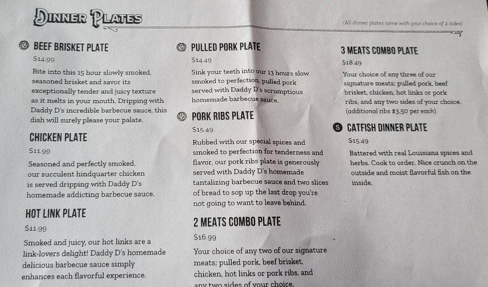 Menu at Daddy D's Southern Style BBQ, Woodland
