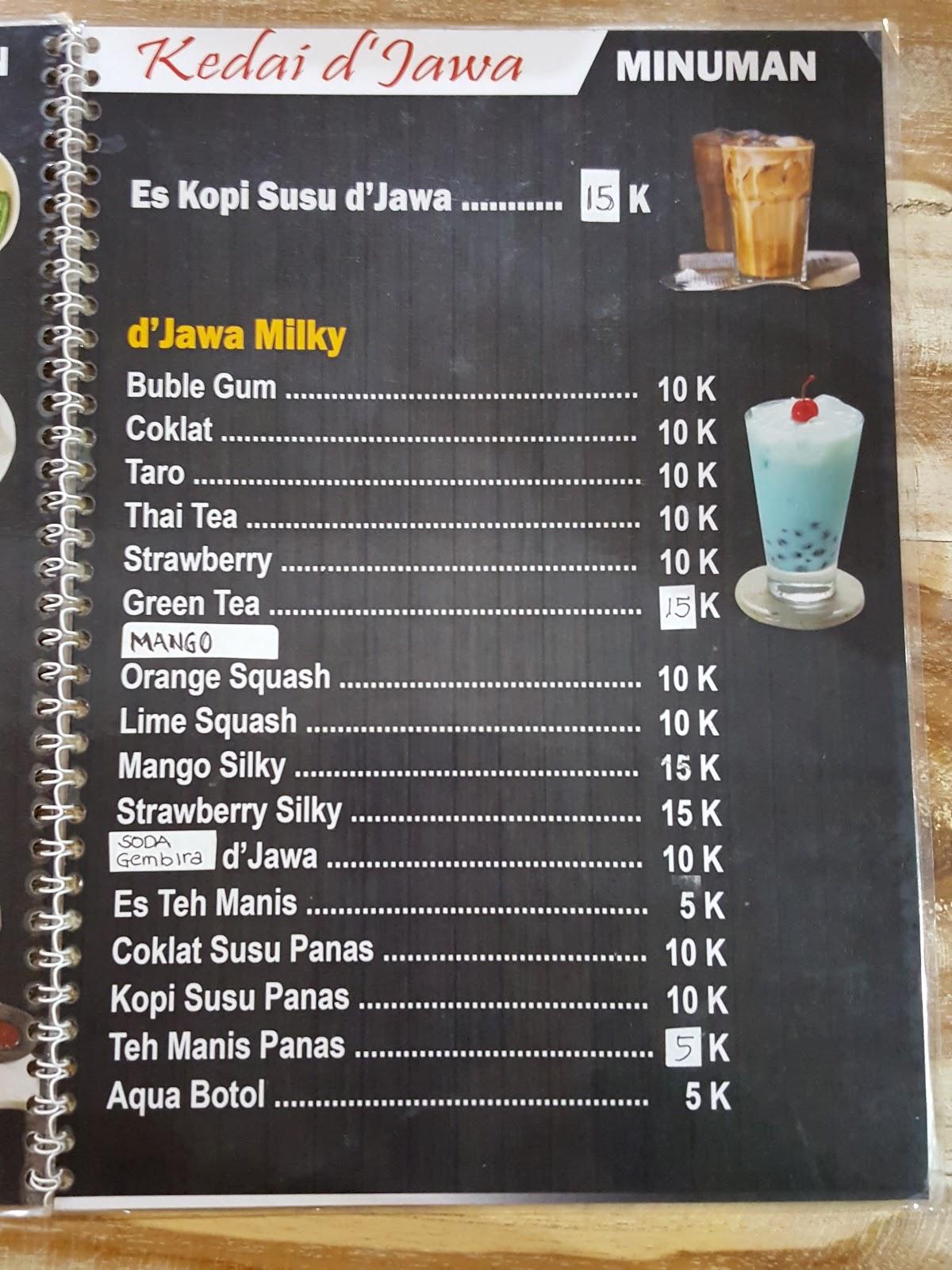 Menu at Kedai D'Jawa restaurant, Buleleng