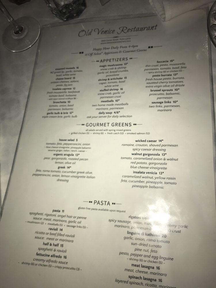 Menu at Old Venice Restaurant, San Diego