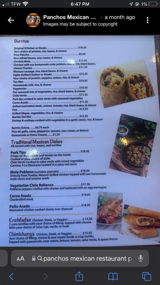 Carta de Panchos Mexican Restaurant, Pittsfield