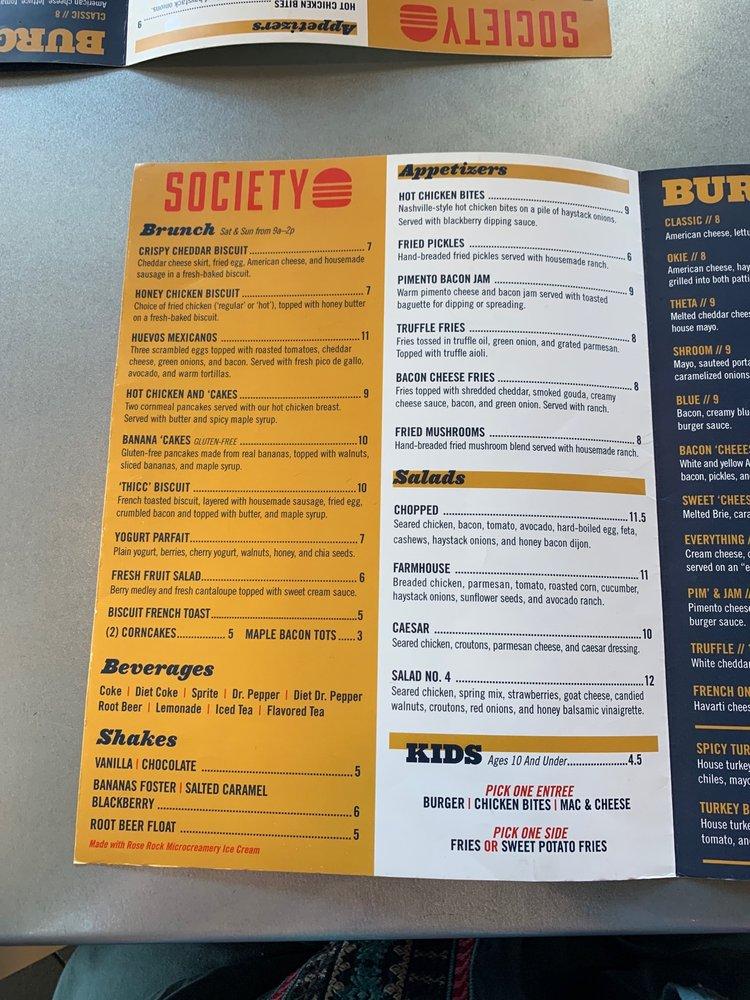 Menu at Society Burger restaurant, Tulsa, S Mingo Rd Suite A