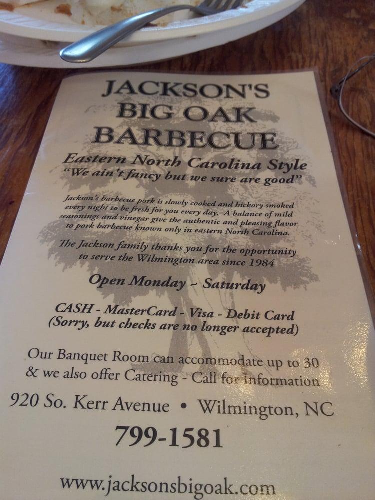 Menu at Jackson's Big Oak Barbecue, Wilmington