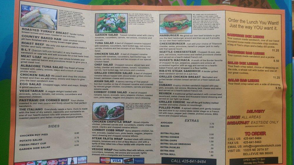 Menu at Sugee's Box Lunch Company restaurant, Bellevue, NE 20th St