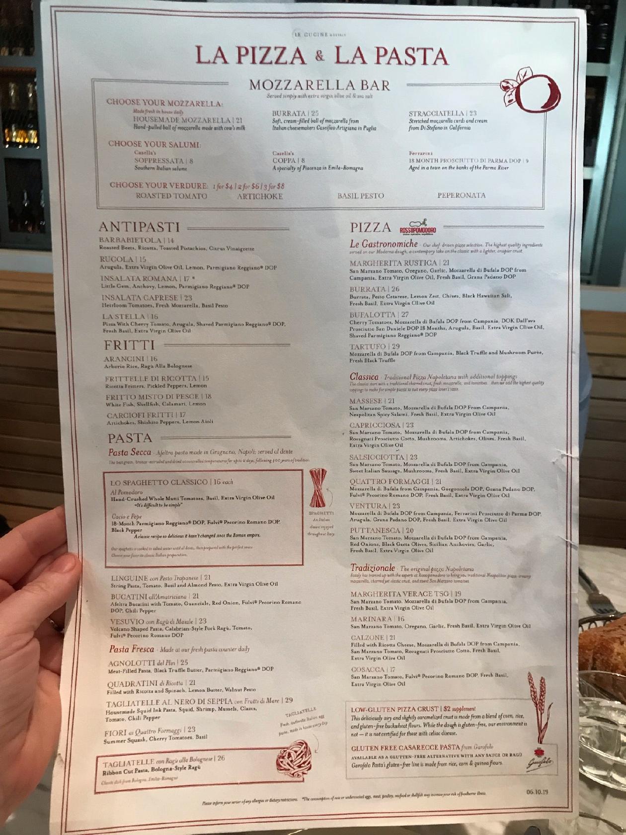 Menu at La Pizza e La Pasta pizzeria, Las Vegas