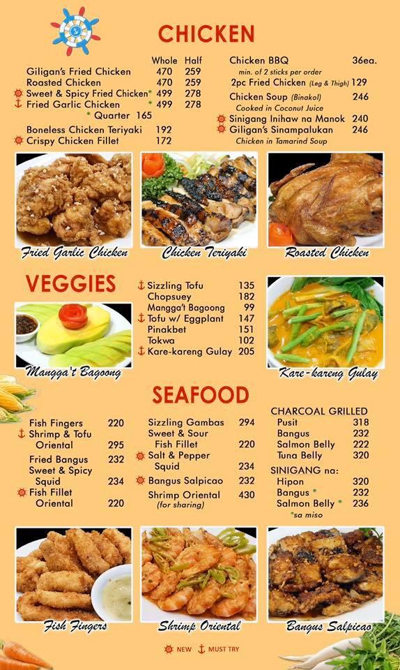 Menu at Giligan's restaurant, Binangonan