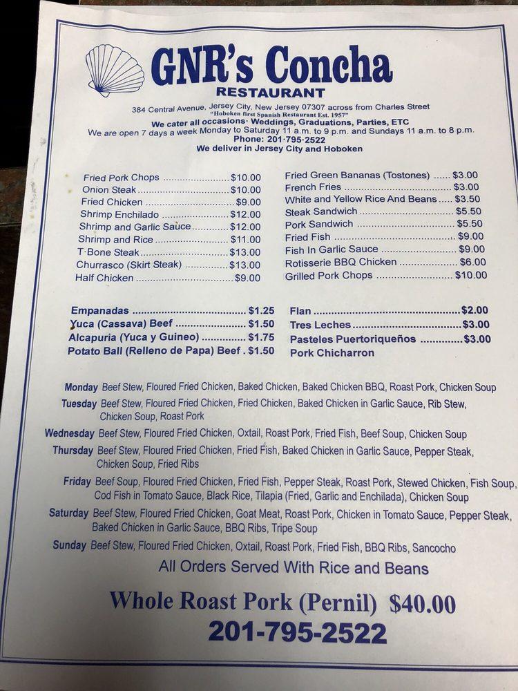 Menu at La Concha restaurant, Jersey City