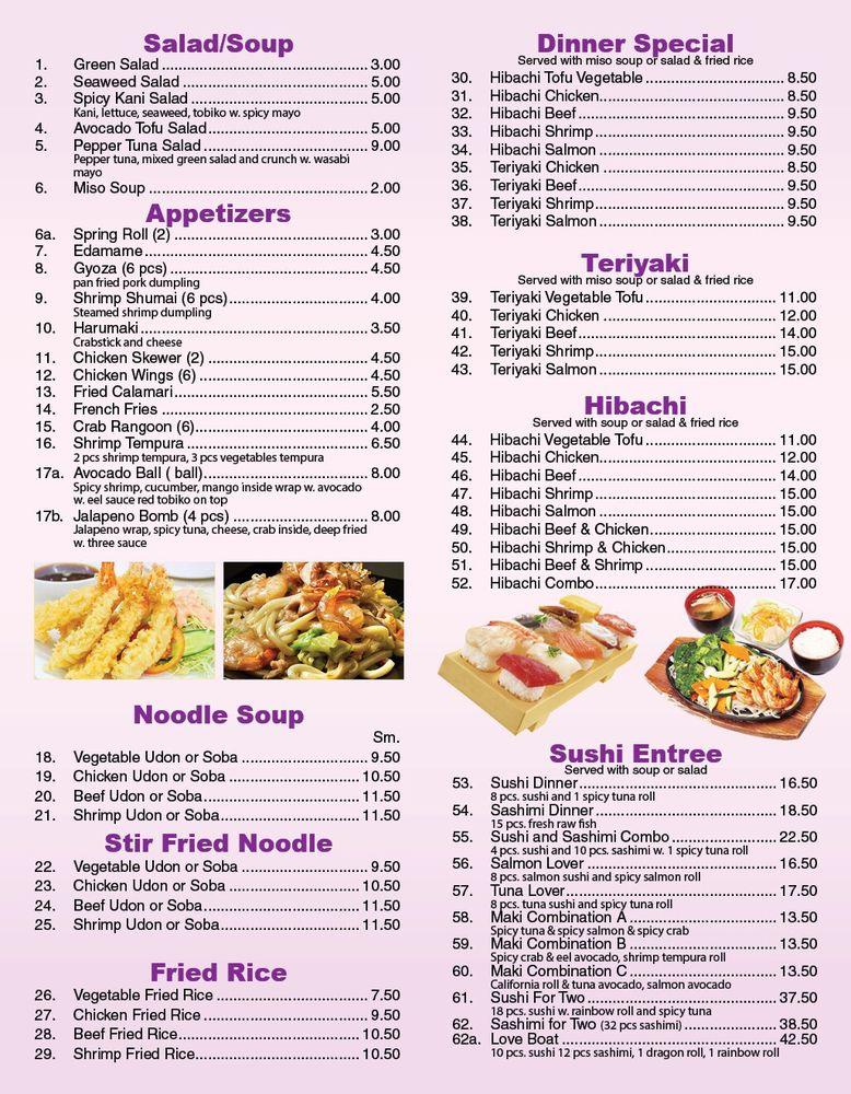 Menu at Wasabi restaurant, Hagerstown